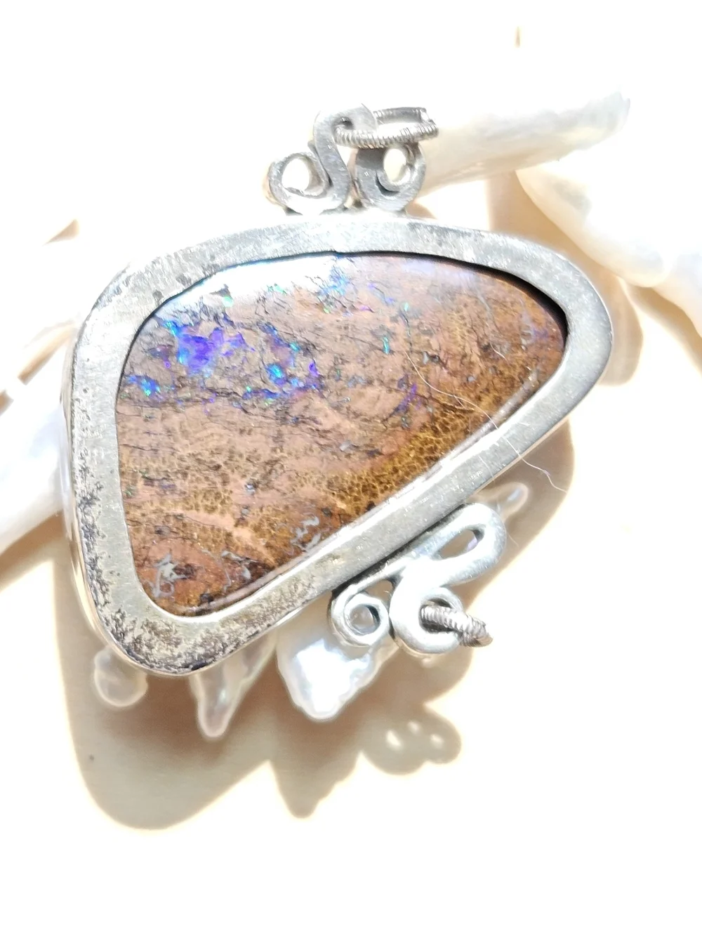 Freshwater Pearl Necklace with Opal Pendant - White With Boulder Opal - Picture 3 of 5